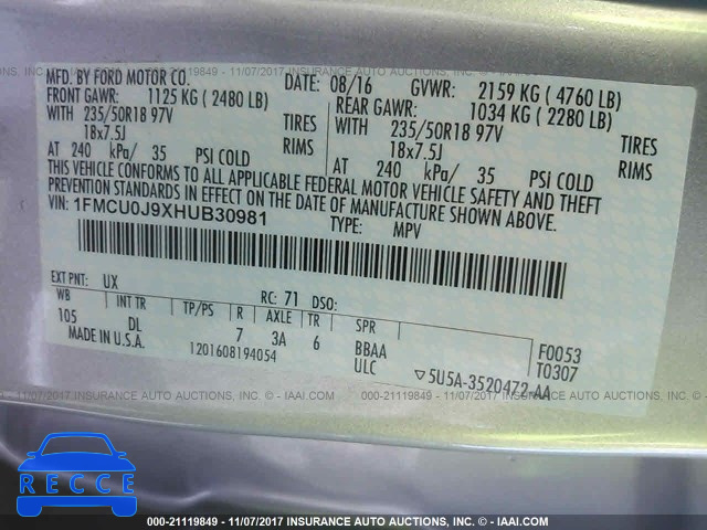 2017 FORD ESCAPE 1FMCU0J9XHUB30981 image 8