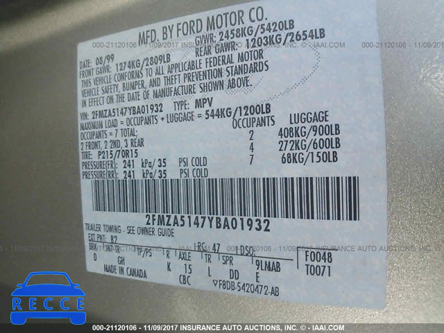 2000 Ford Windstar LX 2FMZA5147YBA01932 Bild 8