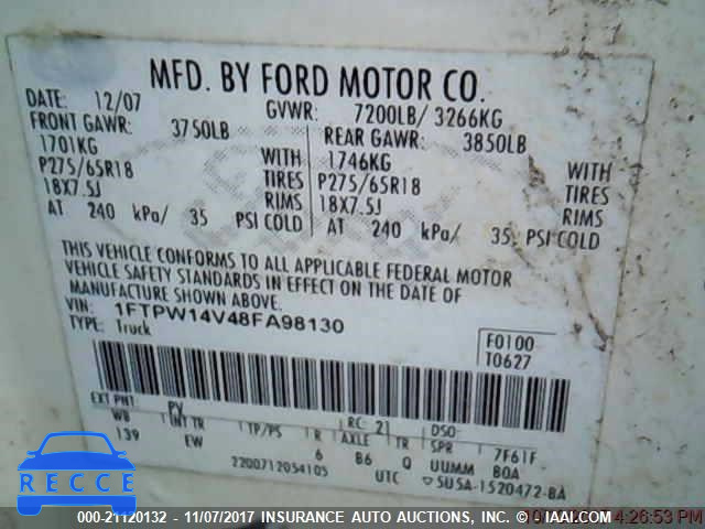 2008 Ford F150 1FTPW14V48FA98130 Bild 8