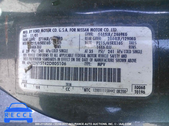 2002 Nissan Quest GXE 4N2ZN15T42D805106 image 8
