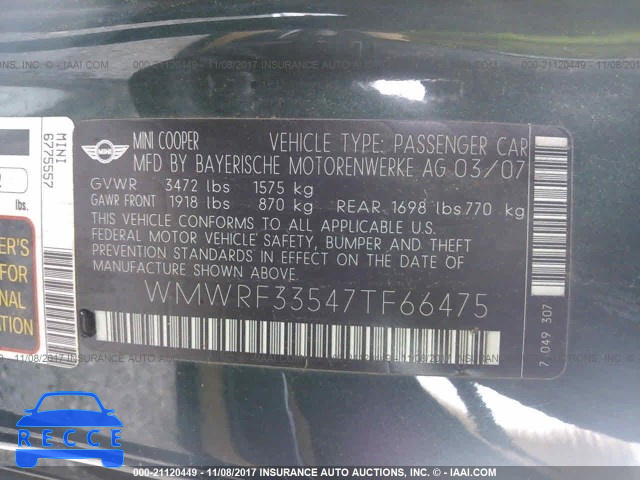 2007 Mini Cooper WMWRF33547TF66475 Bild 8