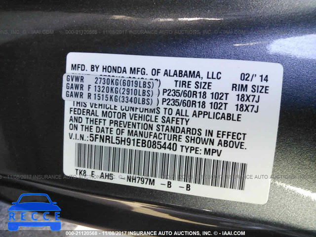 2014 Honda Odyssey TOURING/TOURING ELITE 5FNRL5H91EB085440 image 8