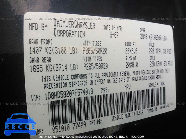2007 Dodge Durango LIMITED 1D8HD58207F574018 image 8