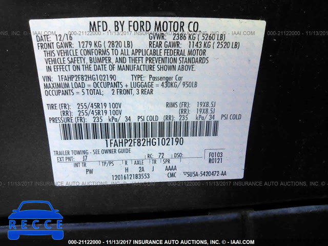 2017 FORD TAURUS LIMITED 1FAHP2F82HG102190 image 8