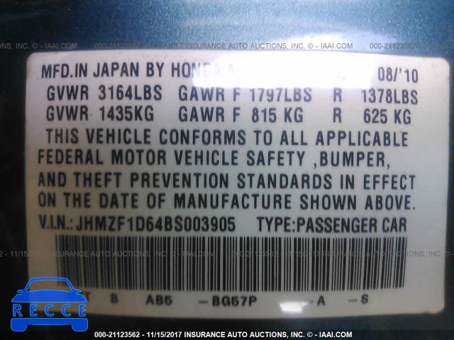 2011 Honda CR-Z EX JHMZF1D64BS003905 image 8