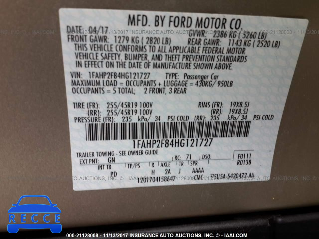 2017 FORD TAURUS LIMITED 1FAHP2F84HG121727 image 8