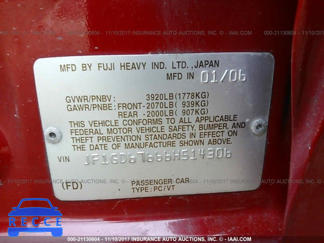 2006 Subaru Impreza 2.5I JF1GD67666H514306 image 8