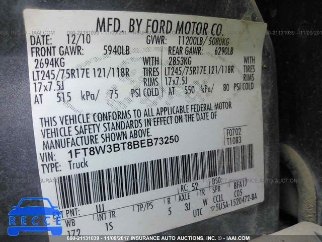 2011 FORD F350 SUPER DUTY 1FT8W3BT8BEB73250 image 8