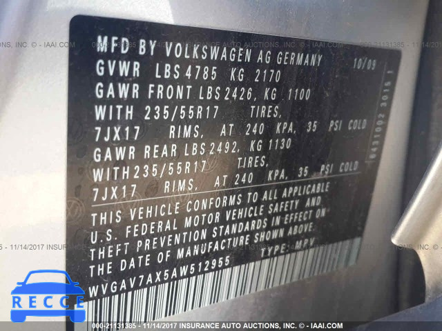2010 Volkswagen Tiguan S/SE/SEL WVGAV7AX5AW512955 image 8