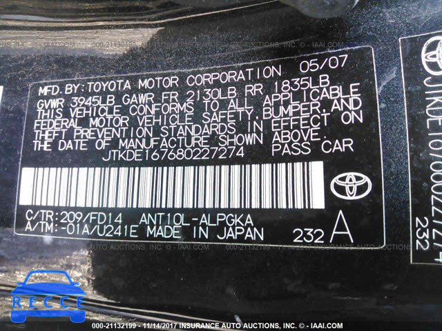 2008 TOYOTA SCION TC JTKDE167680227274 зображення 8