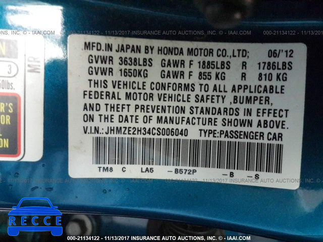 2012 Honda Insight JHMZE2H34CS006040 image 8