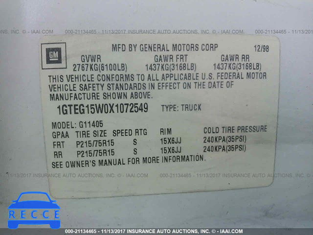 1999 GMC Savana G1500 1GTEG15W0X1072549 image 8