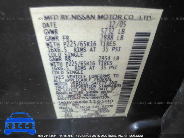 2006 Nissan Quest S/SE/SL 5N1BV28U06N116500 image 8