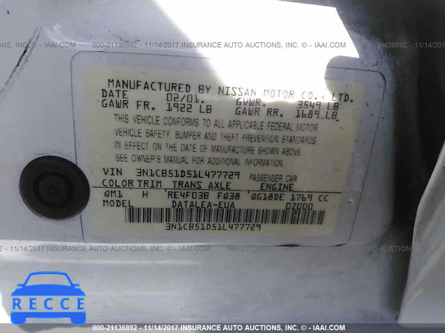 2001 Nissan Sentra XE/GXE 3N1CB51D51L477729 image 8