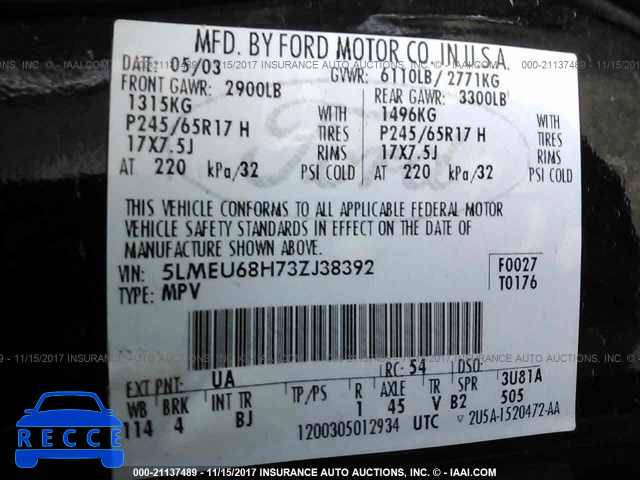 2003 Lincoln AVIATOR 5LMEU68H73ZJ38392 зображення 8