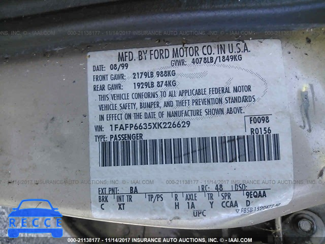 1999 Ford Contour SE 1FAFP6635XK226629 image 8