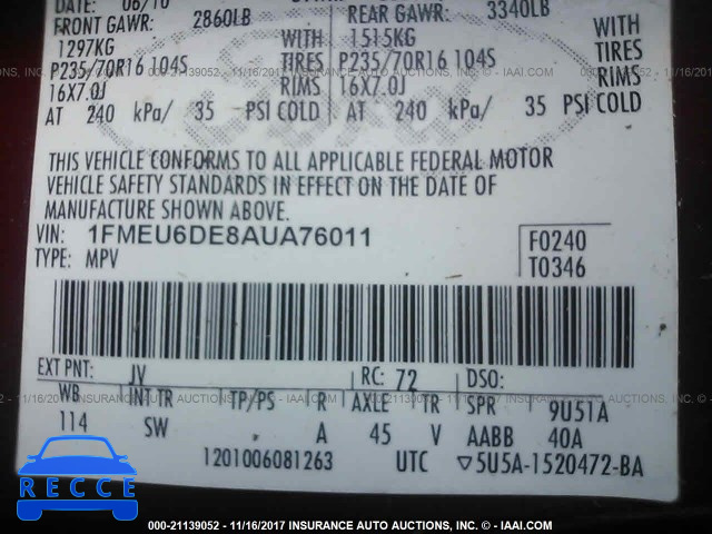 2010 Ford Explorer XLT 1FMEU6DE8AUA76011 image 8