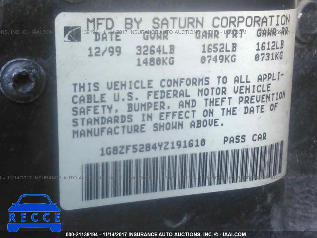 2000 Saturn SL 1G8ZF5284YZ191610 зображення 8