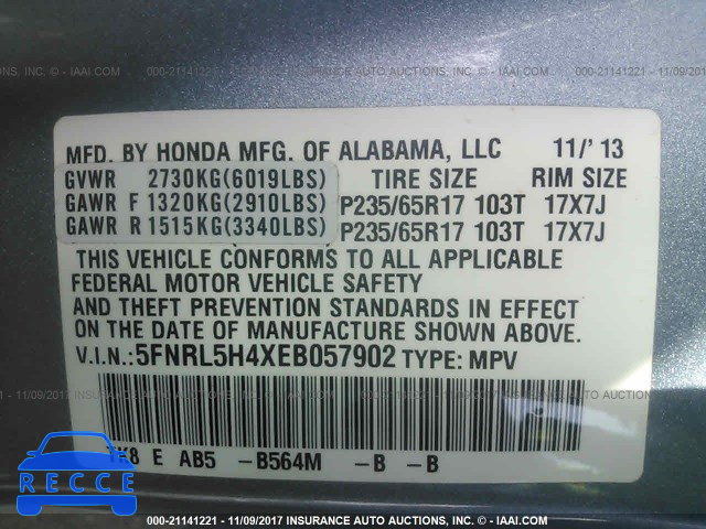 2014 Honda Odyssey EX 5FNRL5H4XEB057902 image 8