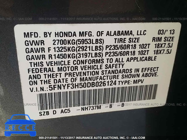 2013 Honda Pilot EXL 5FNYF3H50DB026124 image 8