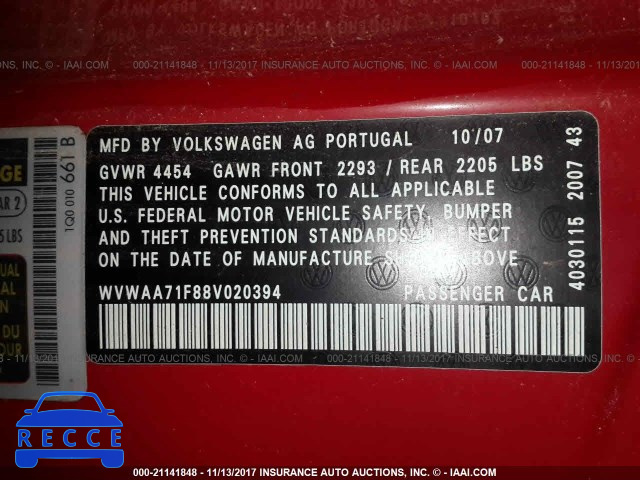2008 VOLKSWAGEN EOS TURBO/KOMFORT WVWAA71F88V020394 image 8