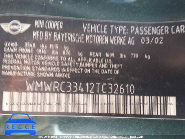 2002 Mini Cooper WMWRC33412TC32610 image 8