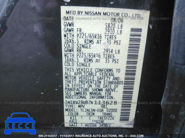 2007 Nissan Quest S/SE/SL 5N1BV28U97N113628 Bild 8