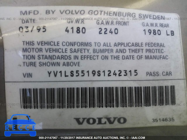 1995 VOLVO 850 GLT YV1LS5519S1242315 image 8