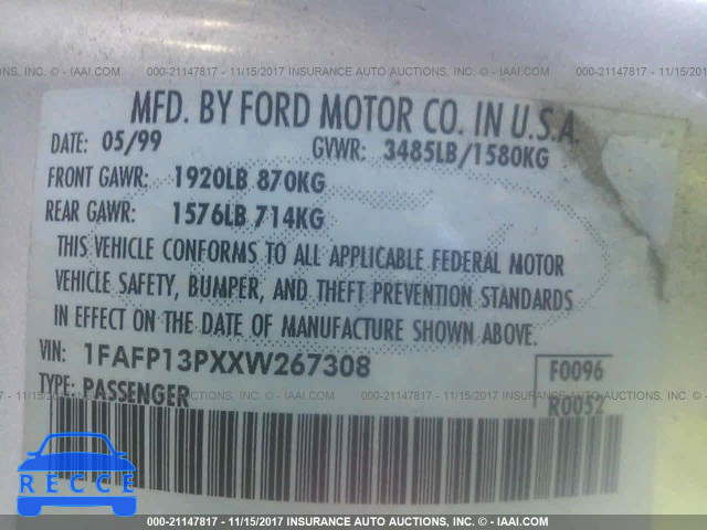 1999 Ford Escort SE 1FAFP13PXXW267308 зображення 8