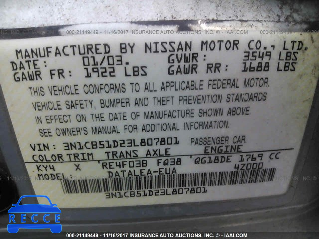 2003 Nissan Sentra XE/GXE 3N1CB51D23L807801 image 8
