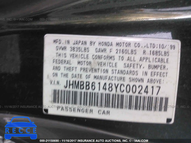 2000 HONDA PRELUDE JHMBB6148YC002417 image 8