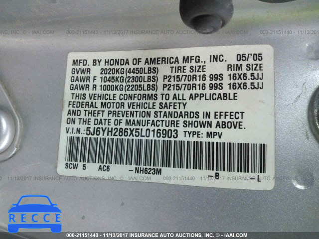 2005 Honda Element EX 5J6YH286X5L016903 image 8