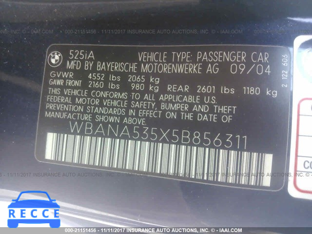 2005 BMW 525 I WBANA535X5B856311 image 8