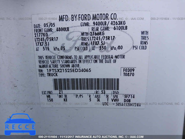 2005 Ford F250 SUPER DUTY 1FTSX21525ED34065 зображення 8