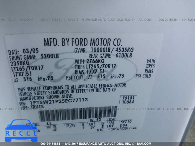 2005 Ford F250 SUPER DUTY 1FTSW21P25EC77113 зображення 8
