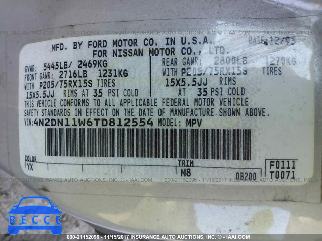 1996 NISSAN QUEST XE/GXE 4N2DN11W6TD812554 image 8