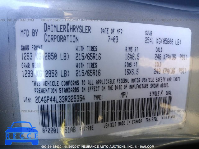 2003 Chrysler Town & Country LX 2C4GP44L33R325354 image 8