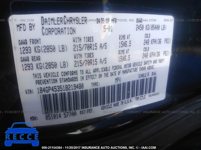 2001 Dodge Caravan SPORT 1B4GP45351B219480 image 8