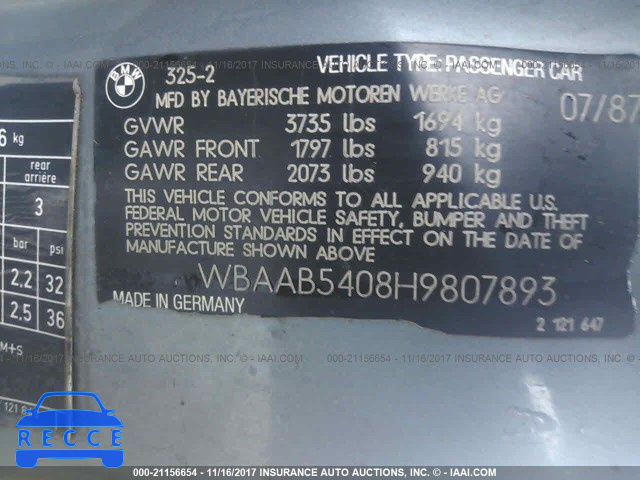 1987 BMW 325 E WBAAB5408H9807893 image 8