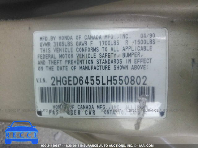 1990 Honda Civic DX 2HGED6455LH550802 Bild 8