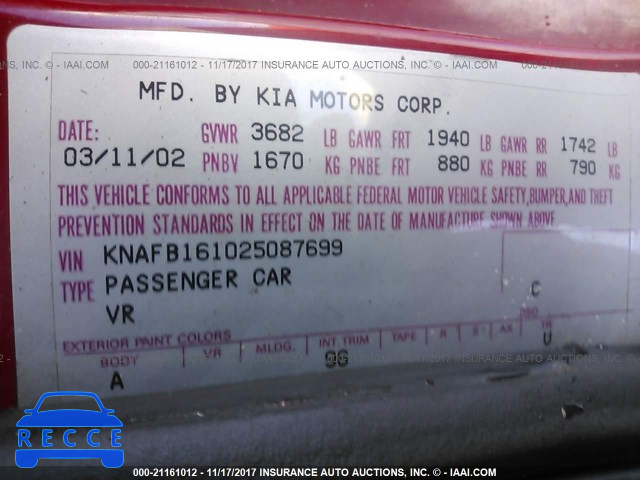 2002 KIA Spectra GS/GSX KNAFB161025087699 image 8