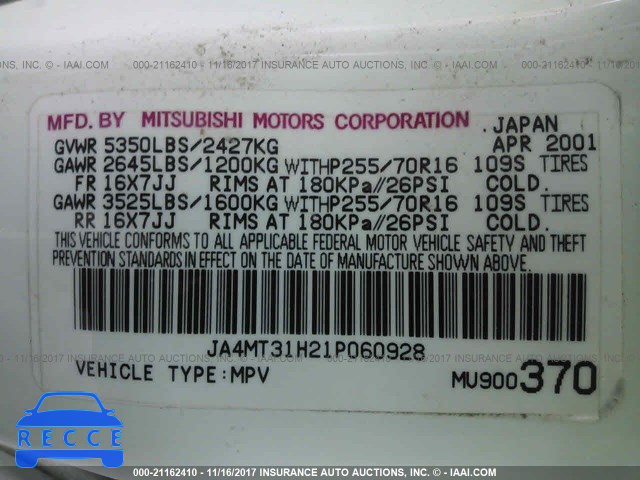 2001 Mitsubishi Montero SPORT XLS JA4MT31H21P060928 image 8
