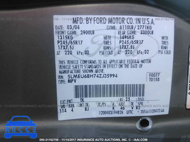 2004 LINCOLN AVIATOR 5LMEU68H74ZJ35994 image 8