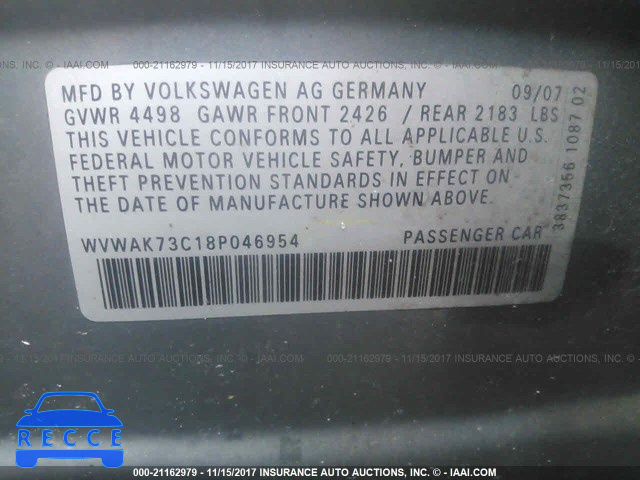 2008 Volkswagen Passat KOMFORT WVWAK73C18P046954 зображення 8