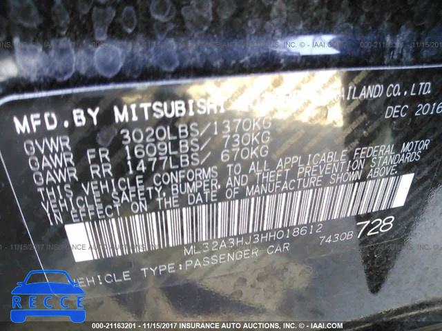 2017 MITSUBISHI MIRAGE ES ML32A3HJ3HH018612 зображення 8