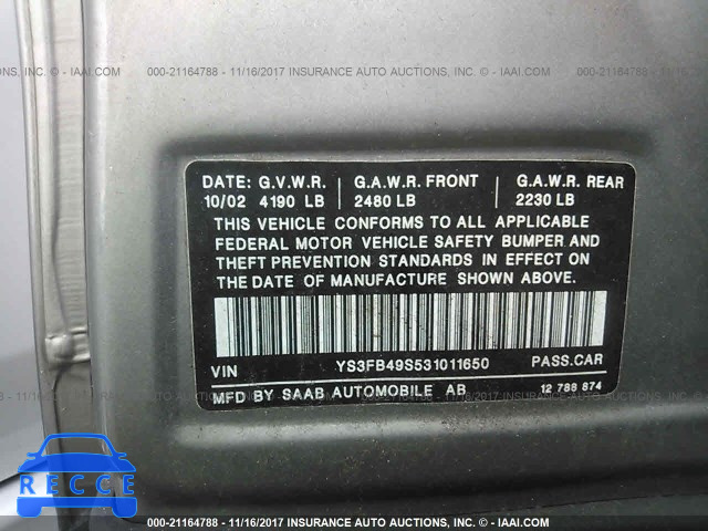 2003 Saab 9-3 LINEAR YS3FB49S531011650 image 8