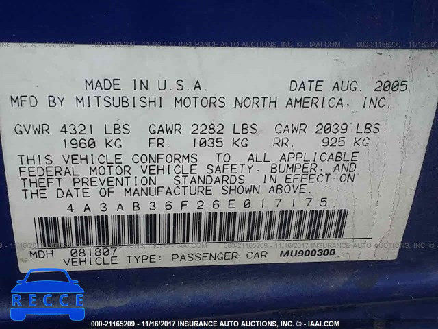 2006 Mitsubishi Galant ES MEDIUM/LS MEDIUM 4A3AB36F26E017175 image 8