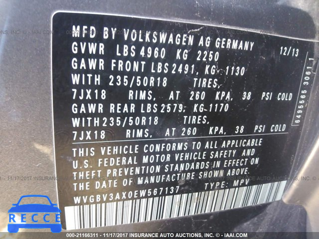 2014 Volkswagen Tiguan S/SE/SEL/R-LINE WVGBV3AX0EW567137 зображення 8