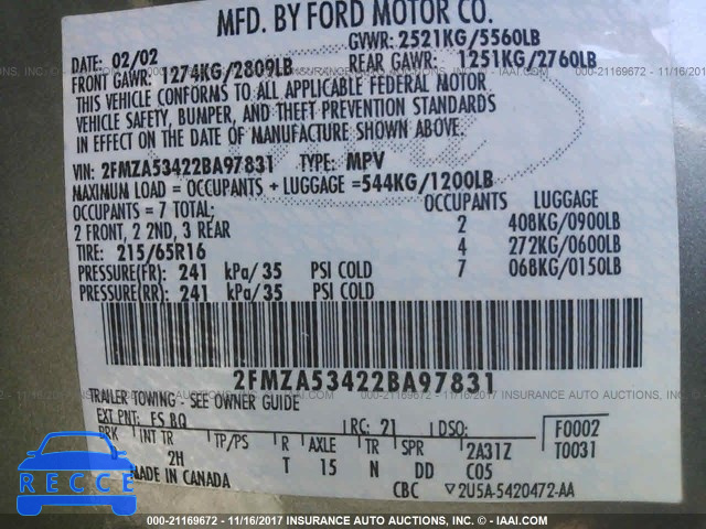 2002 Ford Windstar SEL 2FMZA53422BA97831 зображення 8