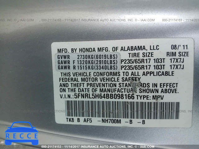 2011 Honda Odyssey EXL 5FNRL5H64BB098166 image 8
